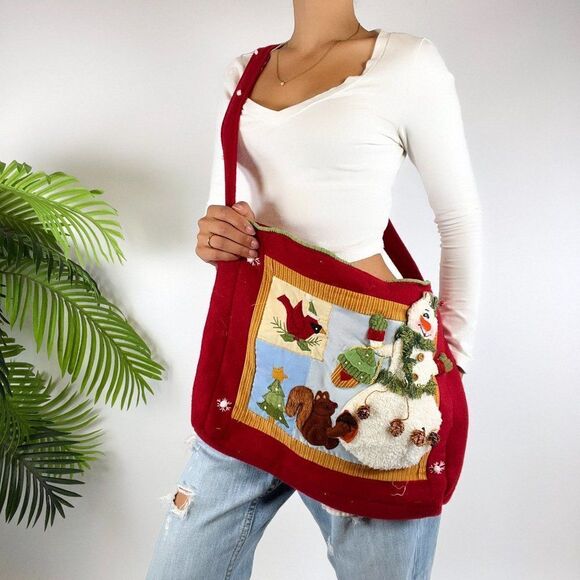 Vintage 90s Red Boho Cottagecore Christmas Snowman Holiday Tote Bag Purse - Picture 5 of 6